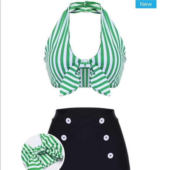 Retro Green Striped Halter‎ Bikini - Picture 1 of 8